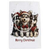 Merry Christmas Husky Dogs Medium Cadeauzakje (Voorkant)