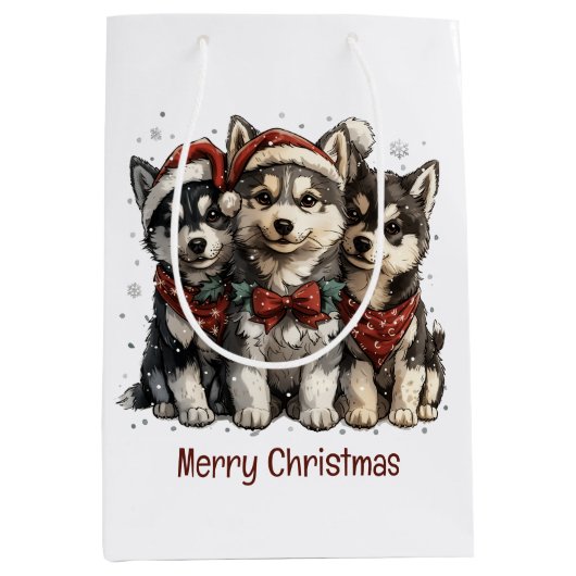 Merry Christmas Husky Dogs Medium Cadeauzakje (Voorkant)