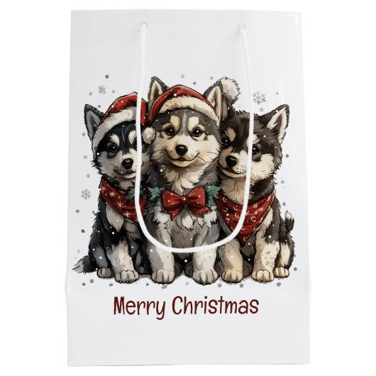 Merry Christmas Husky Dogs Medium Cadeauzakje (Achterkant)