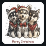 Merry Christmas Husky Dogs Vierkante Sticker<br><div class="desc">Schattigee illustratie van een Pommerse hond verkleed voor Kerstmis. Perfect voor dierenliefhebbers of hondenouders tijdens het vakantieseizoen.</div>