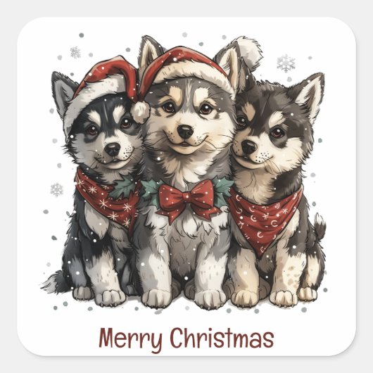 Merry Christmas Husky Dogs Vierkante Sticker (Voorkant)