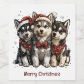 Merry Christmas Husky Dogs Wijn Etiket (Enkel label)