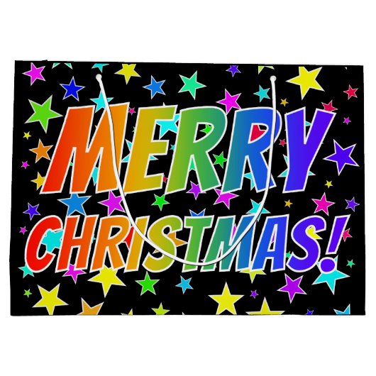 "MERRY CHRISTMAS!" in Rainbow Text + Stars Pattern Groot Cadeauzakje (Achterkant)