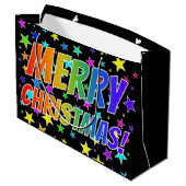 "MERRY CHRISTMAS!" in Rainbow Text + Stars Pattern Groot Cadeauzakje (Achterkant Gekanteld)