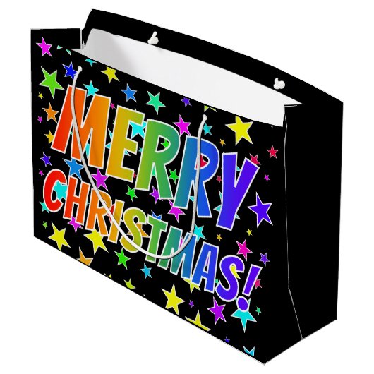 "MERRY CHRISTMAS!" in Rainbow Text + Stars Pattern Groot Cadeauzakje (Achterkant Gekanteld)