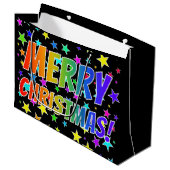 "MERRY CHRISTMAS!" in Rainbow Text + Stars Pattern Groot Cadeauzakje (Voorkant Gekanteld)