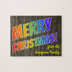"MERRY CHRISTMAS!" in regenboogtekst: Faux Wood Ki Legpuzzel