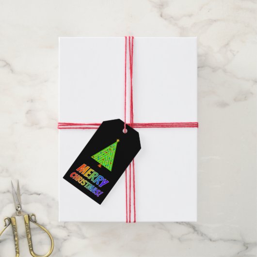 "MERRY CHRISTMAS!" in regenboogtekst, kerstboom Cadeaulabel (Met Touw)