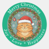 Merry Christmas Joy Love Happiness Cute Cat  Ronde Sticker (Voorkant)