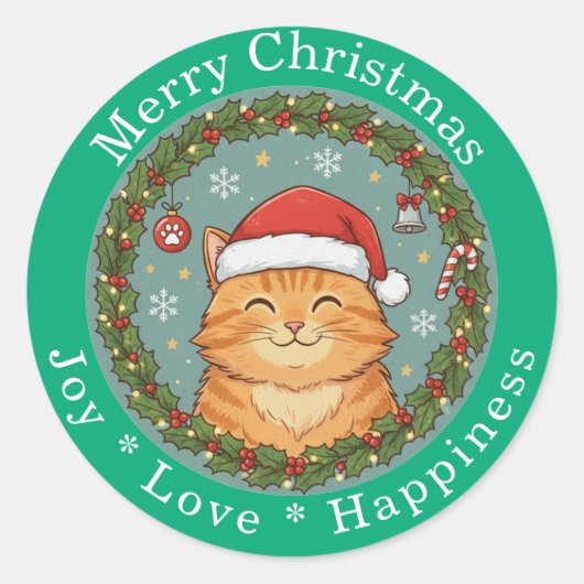 Merry Christmas Joy Love Happiness Cute Cat  Ronde Sticker (Voorkant)