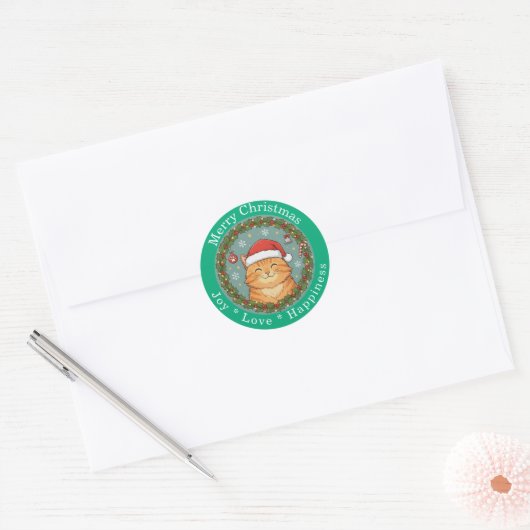Merry Christmas Joy Love Happiness Cute Cat Ronde Sticker (Envelop)