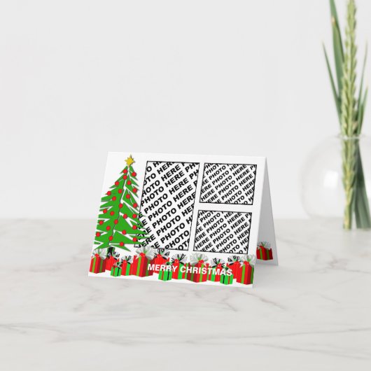 Merry Christmas Kaart Voeg 3 foto's toe Tree Gifts (Voorkant)