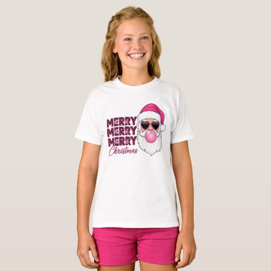 Merry Christmas Kids Pink Leopard Santa T-Shirt (Voorkant volledig)