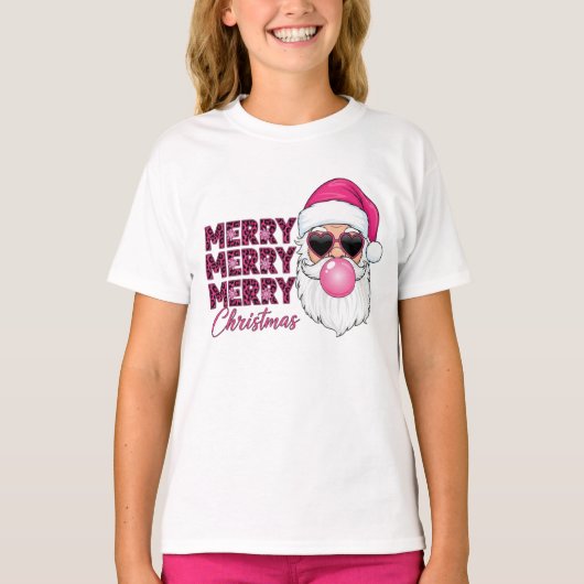 Merry Christmas Kids Pink Leopard Santa T-Shirt (Voorkant)