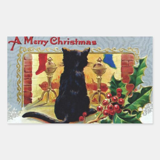  Merry Christmas Kitten open haard Holly Rechthoekige Sticker (Voorkant)