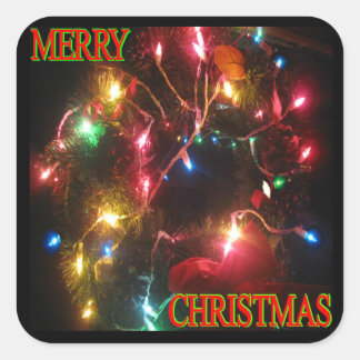 "Merry Christmas" krans w / Lights Square Sticker