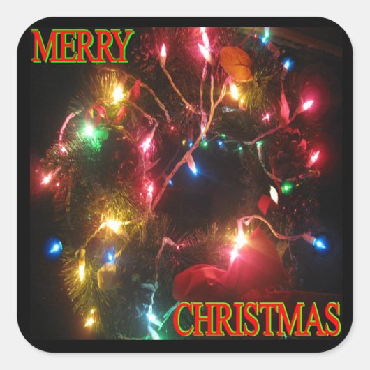 "Merry Christmas" krans w / Lights Square Sticker (Voorkant)