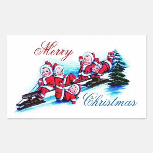 Merry Christmas Label - Elfen Sleederen in Sneeuw (Voorkant)