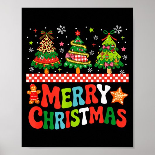 Merry Christmas Leopard Colorful Xmas Trees Bow Ti Poster (Voorkant)