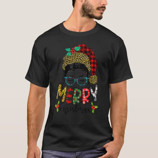 Merry Christmas Leopard Messy Bun Happy Xmas 4 T-shirt (Voorkant)