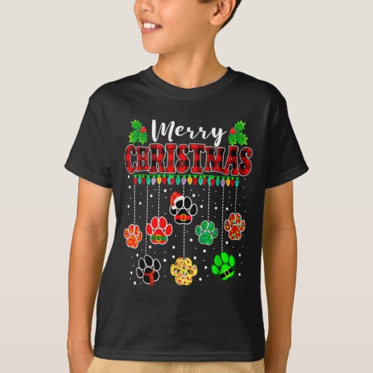 Merry Christmas Lights Dog Paw Xmas  T-shirt (Voorkant)