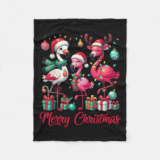 Merry Christmas Lights Flamingo Santa Hat Snow Xma Fleece Deken (Voorkant)