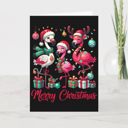 Merry Christmas Lights Flamingo Santa Hat Snow Xma Kaart (Voorkant)