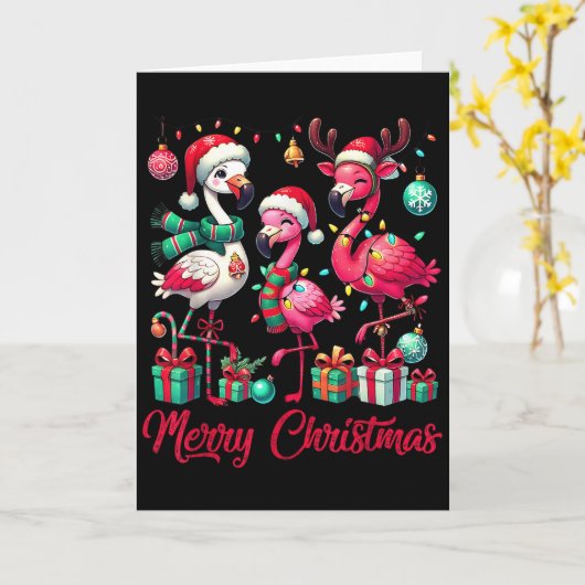 Merry Christmas Lights Flamingo Santa Hat Snow Xma Kaart (Gele Bloem)