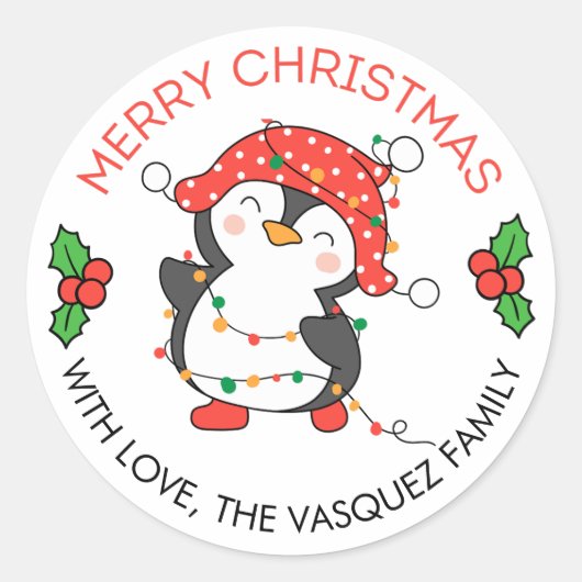 Merry Christmas Lights Penguin Stickers Labels (Voorkant)