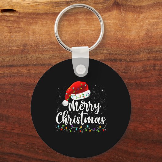 Merry Christmas Lights Red Santa Hat Xmas Family M Sleutelhanger (Voorkant)