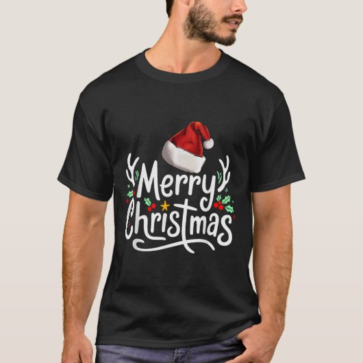 Merry Christmas Lights Red Santa Hat Xmas Family T-shirt (Voorkant)