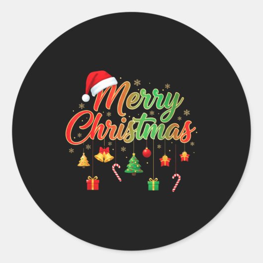 Merry Christmas Lights Santa Hat Family Matching T Ronde Sticker (Voorkant)