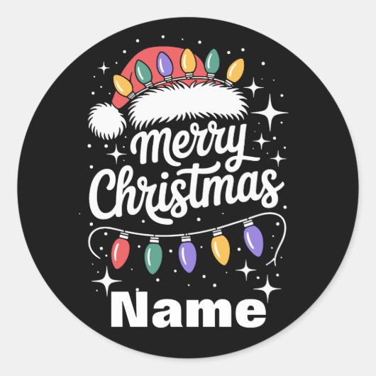 Merry Christmas Lights Santa Hat Personalized Gift Ronde Sticker (Voorkant)