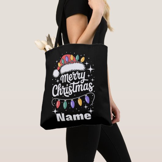 Merry Christmas Lights Santa Hat Personalized Gift Tote Bag (Dichtbij)