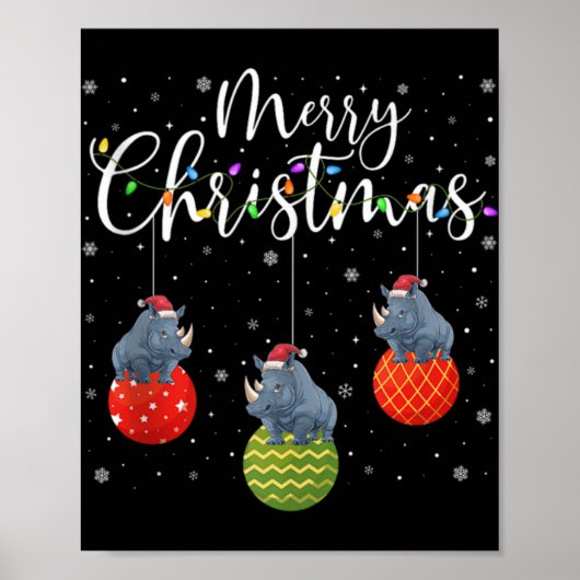 Merry Christmas Lights Santa Hat Rhino Ugly Xmas T Poster (Voorkant)