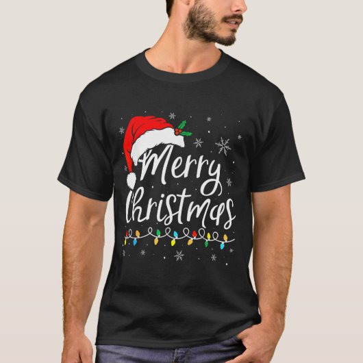 Merry Christmas Lights Santa Hat Xmas Family Match T-shirt (Voorkant)