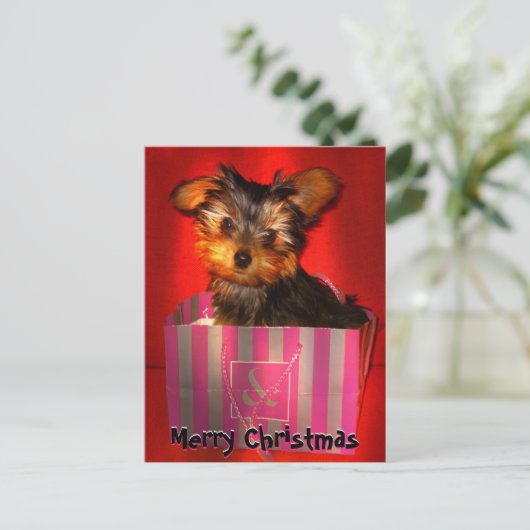 Merry Christmas Little Yorkie  Feestdagenkaart (Staand voorkant)