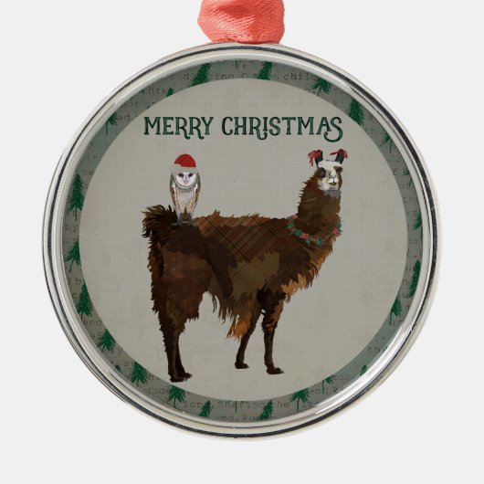 MERRY CHRISTMAS LLAMA EN OWL METALEN ORNAMENT (Voorkant)