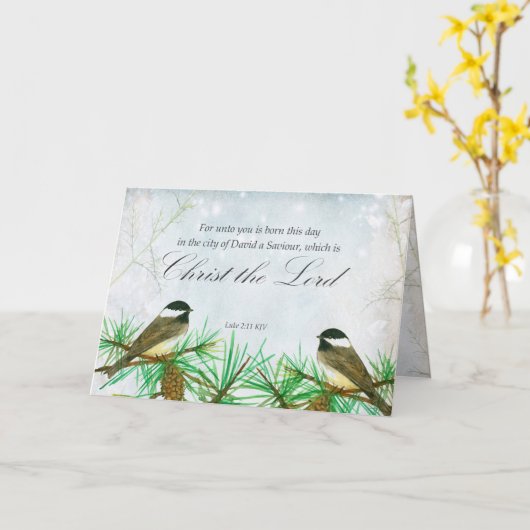 Merry Christmas Luke Bible Scripture Chickadees Kaart (Gele Bloem)