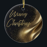 Merry Christmas Luxe Zwart en Goud Keramisch Ornament<br><div class="desc">Een luxueus kerstontwerp met een abstracte metallic gouden swish met vlekken van gouden glitter en gouden "Merry Christmas" op een zwarte achtergrond.</div>