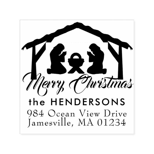 Merry Christmas Manger Scene Retouradres Zelfinktende Stempel (Design)