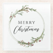 Merry Christmas Minimalist Wreath White Glazen Onderzetter (Voorkant)
