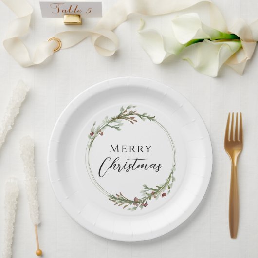 Merry Christmas Minimalist Wreath White Papieren Bordje (Huwelijk)
