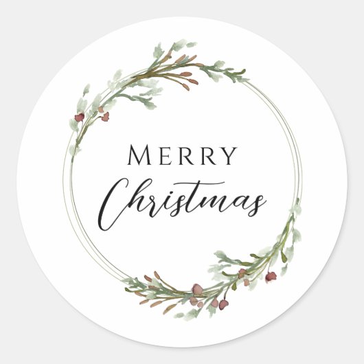 Merry Christmas Minimalist Wreath White Ronde Sticker (Voorkant)