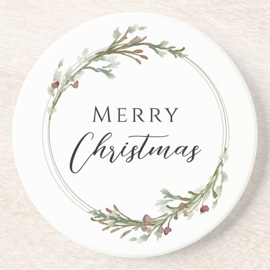 Merry Christmas Minimalist Wreath White Zandsteen Onderzetter (Voorkant)