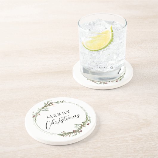 Merry Christmas Minimalist Wreath White Zandsteen Onderzetter (Zijkant)