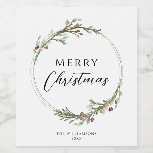 Merry Christmas Minimalist Wreath Wijn Etiket (Enkel label)