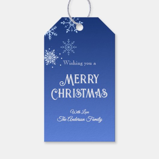 Merry Christmas Modern Blue Snowflakes Cadeaulabel (Voorkant)