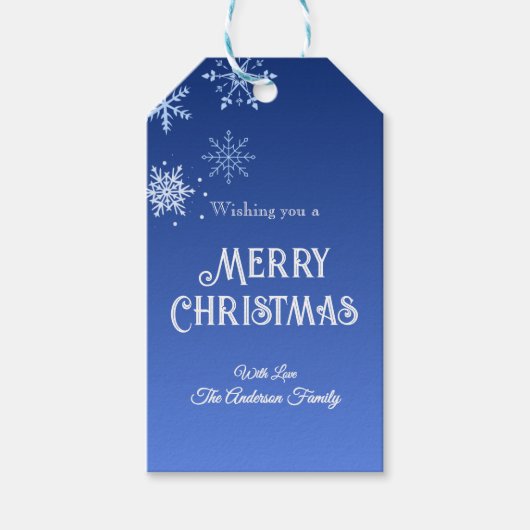 Merry Christmas Modern Blue Snowflakes Cadeaulabel (Voorkant)