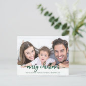 Merry Christmas Modern Green Script Full Photo Briefkaart (Staand voorkant)